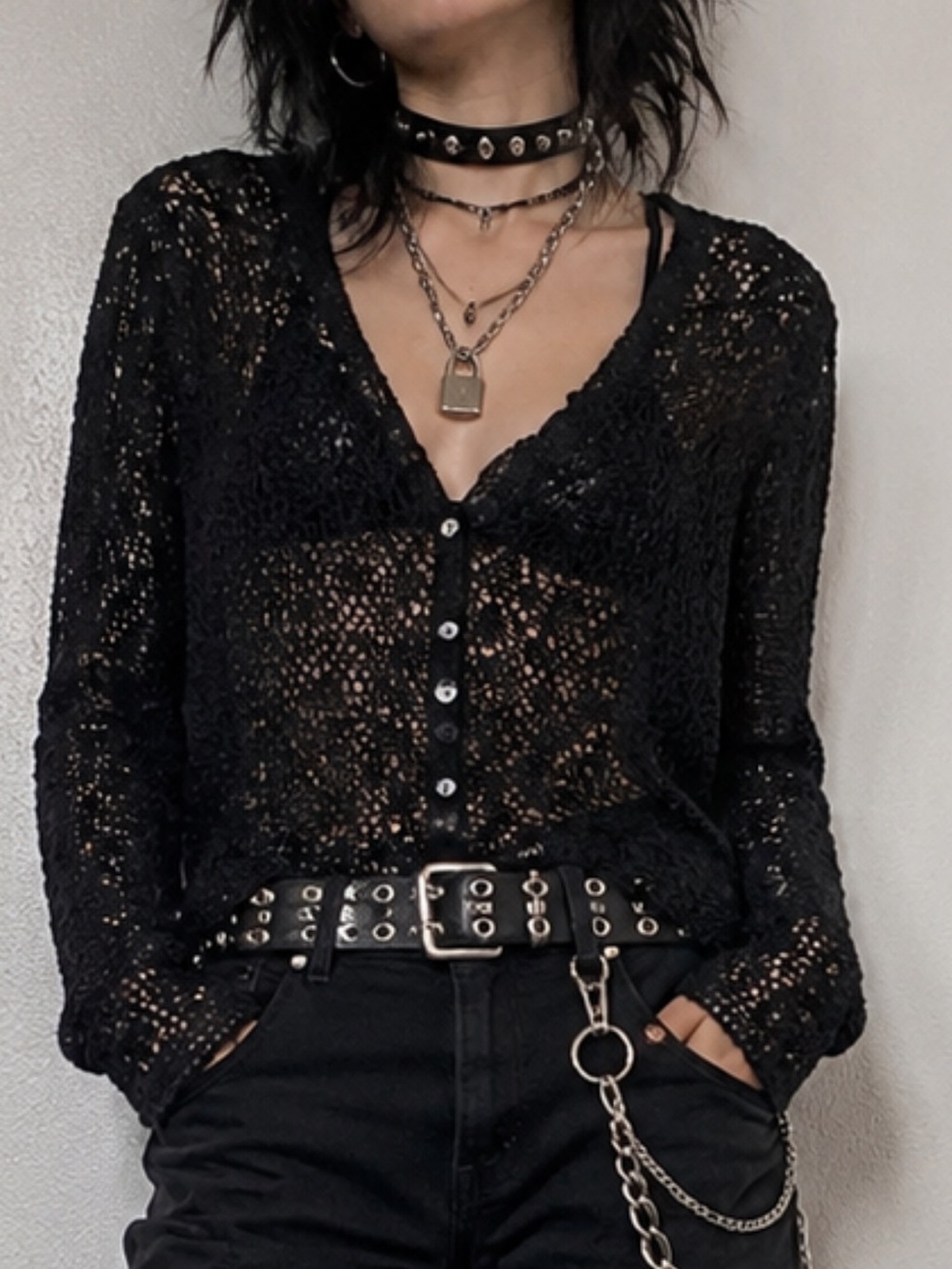 Apostrophe Black Open-Knit V-Neck Button Cardigan